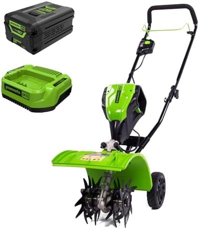Alt Text for image 1: Greenworks 60V Cordless Cultivator Tiller Front View
