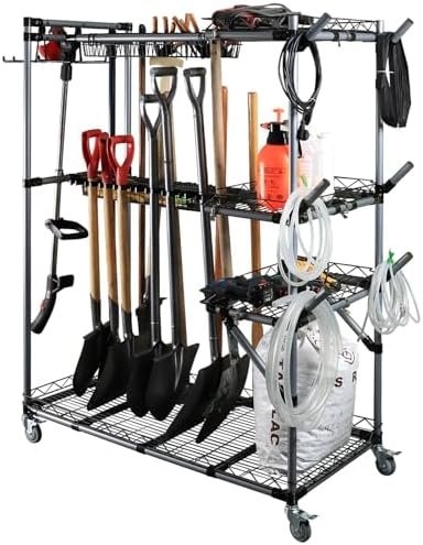 Alt Text for image 1: Sturdy garden tool organizer with wheels in a garage setting