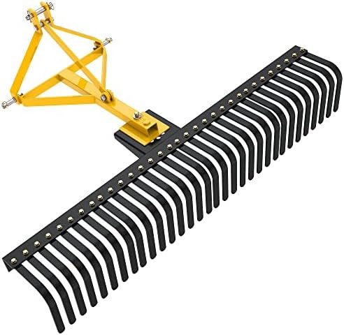 Alt Text for image 1: YITAMOTOR 3 Point Landscape Rock Rake attached to a tractor demonstrating its versatile use