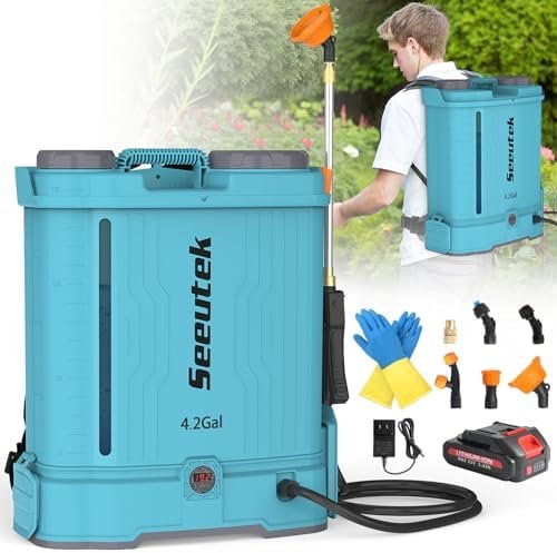 Alt Text for image 1: SEEUTEK Battery Powered Backpack Sprayer Front View
